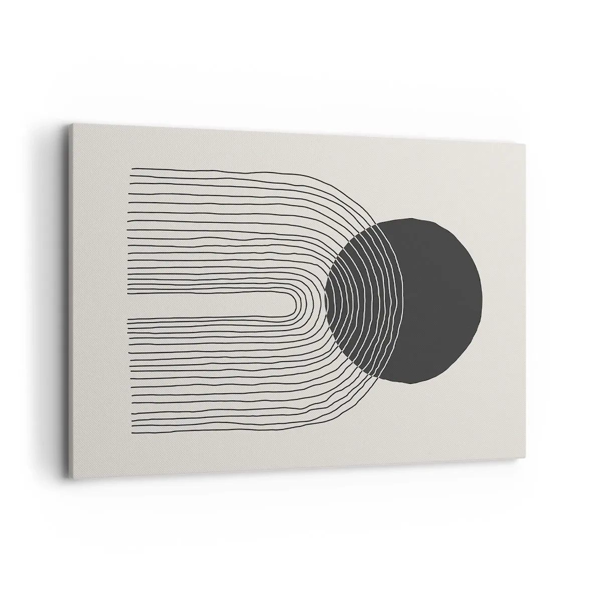 Obraz na płótnie - Abstrakcyjny wzór z liniami i czarnym kołem na jasnym tle - 100x70cm - Drżenie i pewność - Nowoczesna dekoracja ścienna do salonu, kuchni i sypialni ARTTOR