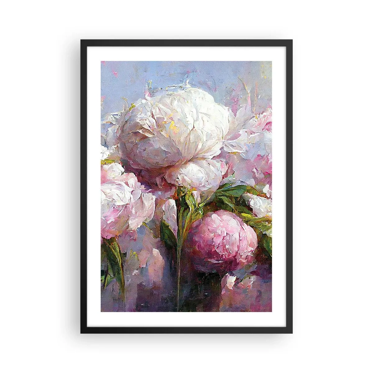 Plakat w czarnej ramie - Peonie w romantycznej, malarskiej kompozycji - 50x70cm - Kipiący życiem bukiet - Nowoczesna dekoracja ścienna do salonu i sypialni ARTTOR