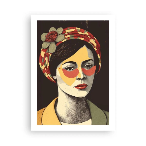 Plakat - Stylizowany portret kobiety w turbanie z kwiatowym akcentem - 50x70cm - Koralowa dama - Nowoczesna dekoracja ścienna do salonu, kuchni i sypialni ARTTOR