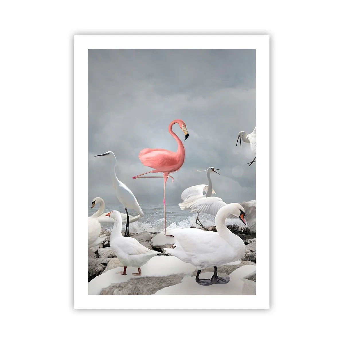 Plakat - Różowy flaming w otoczeniu białych ptaków na tle nieba - 50x70cm - Skąd się tu wziąłem? - Nowoczesna dekoracja ścienna do salonu, kuchni i sypialni ARTTOR