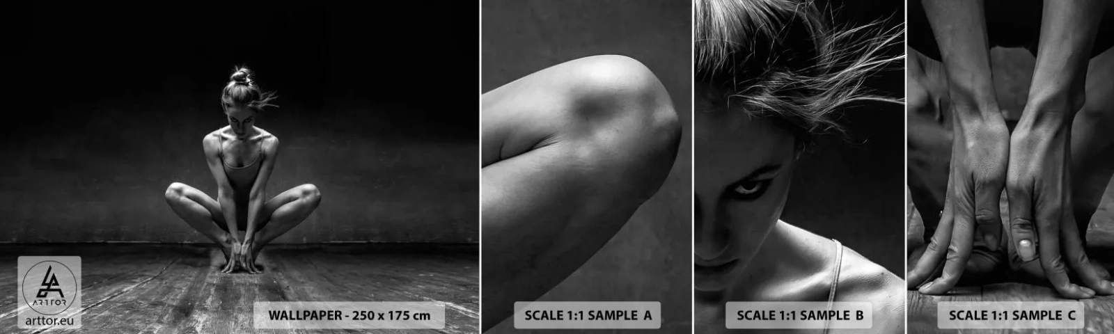 Fototapeta Próbka Samoprzylepna Deluxe Sticker - Skupienie tanecznej energii - Tancerka, Kobieta, Czarno-Biały - 100x30 cm