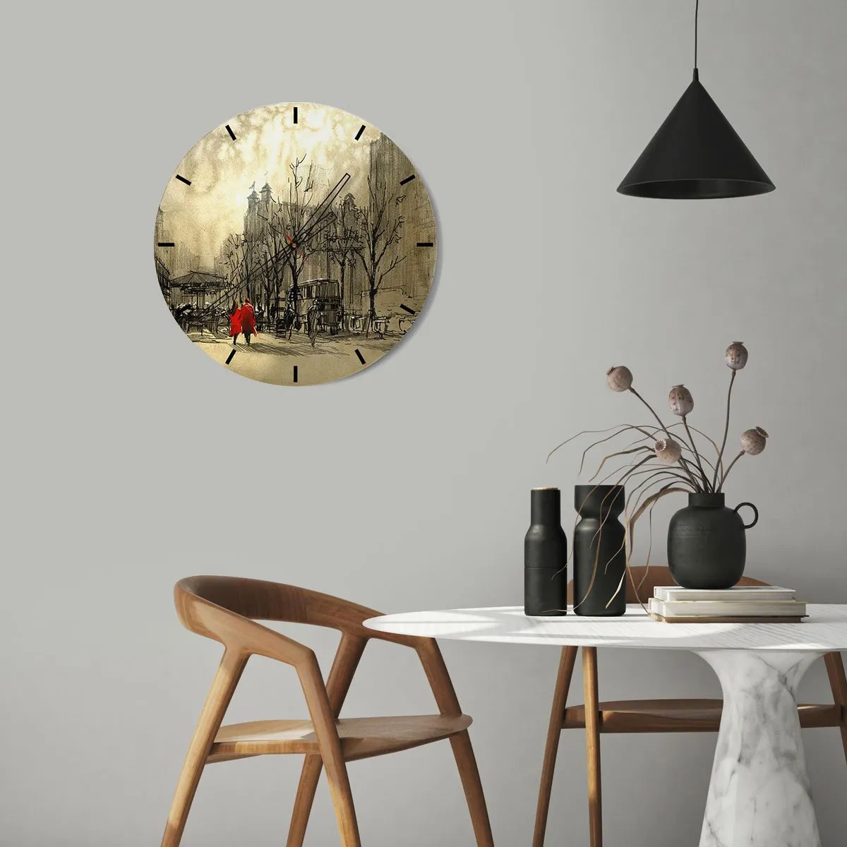 Zegar ścienny - Rysunkowy motyw ulicy z dwiema postaciami - 30x30cm - Randka w londyńskiej mgle - Nowoczesna dekoracja ścienna do salonu, kuchni i sypialni ARTTOR