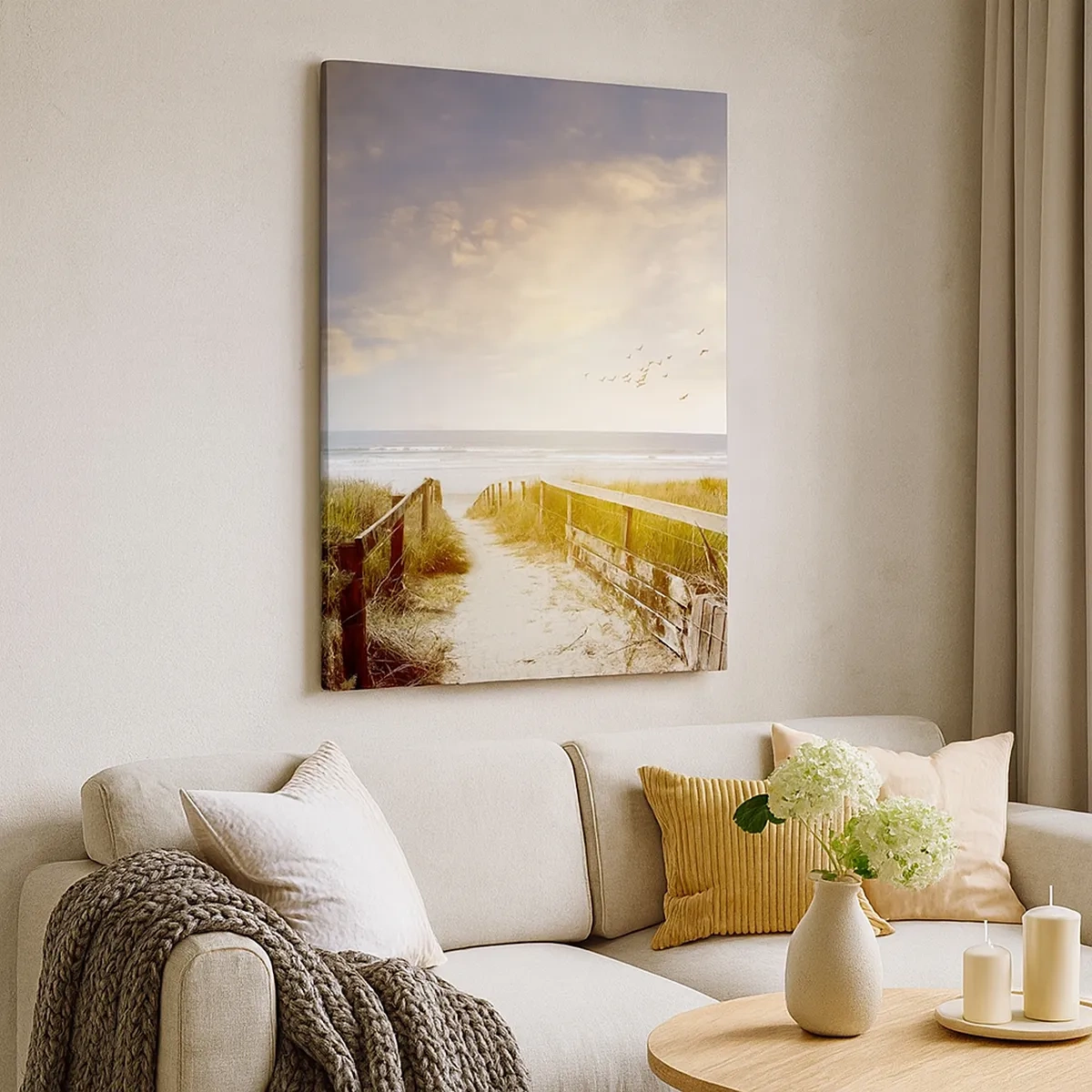 Obraz na płótnie - Drewniana ścieżka prowadząca na plażę o zachodzie słońca - 50x70cm - Przestrzeń spokoju - Nowoczesna dekoracja ścienna do salonu, kuchni i sypialni ARTTOR