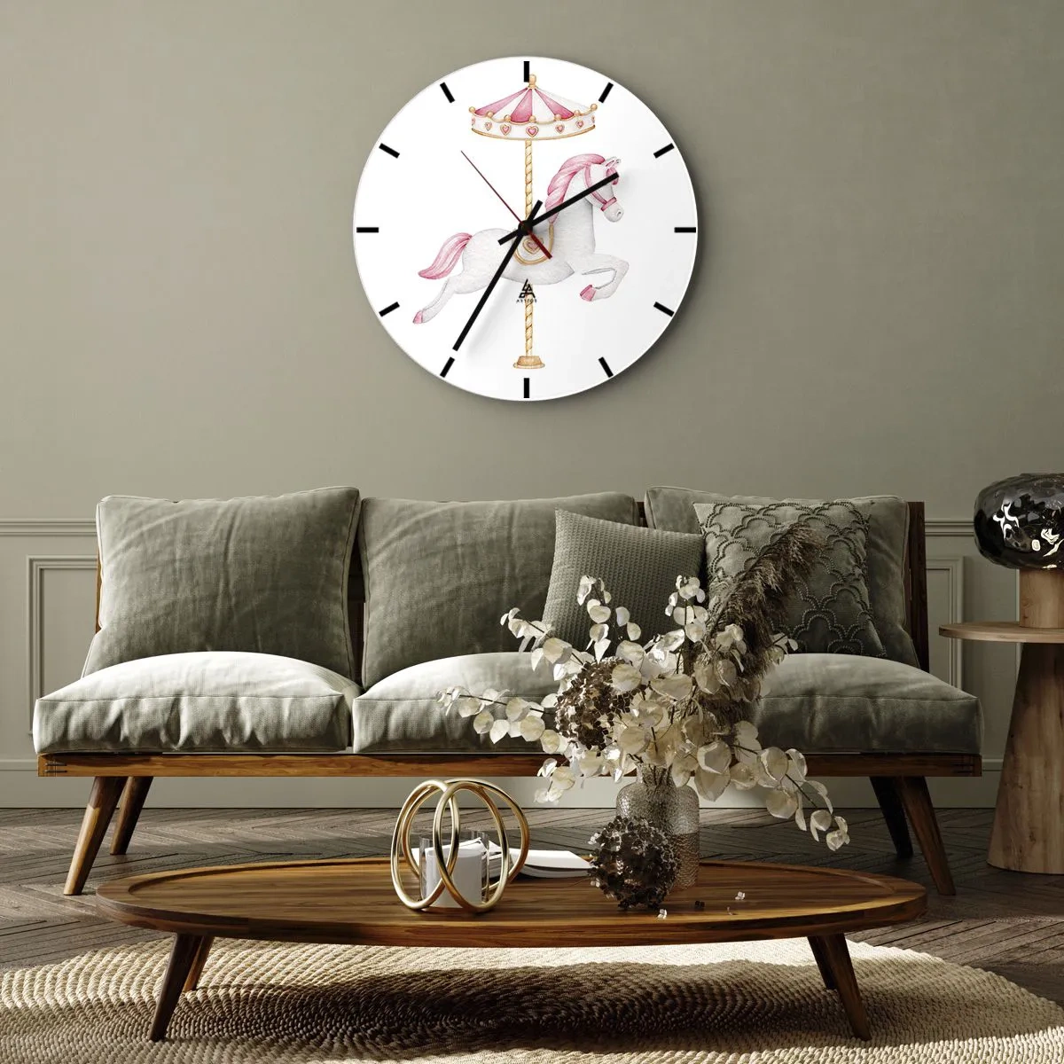Zegar ścienny - Biały koń z karuzeli z różowym siodłem na białym tle - 30x30cm - Ruszył z kopyta - Nowoczesna dekoracja ścienna do salonu, kuchni i sypialni ARTTOR