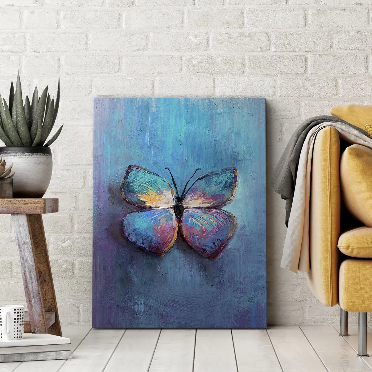 Obraz na płótnie - Kolorowy motyl na niebieskim tle - 70x100cm - W pełnej krasie - Nowoczesna dekoracja ścienna do salonu i sypialni ARTTOR