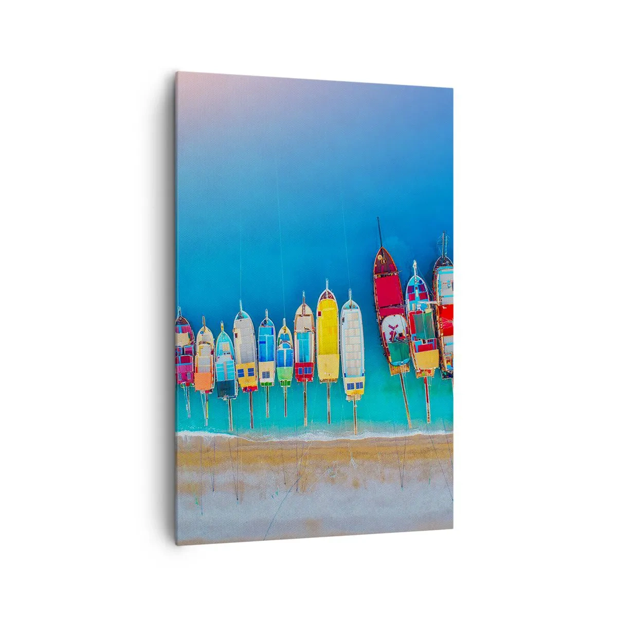 Obraz na płótnie - Kolorowe łodzie ustawione w rząd nad brzegiem - 80x120cm - Z lotu ptaka - Nowoczesna dekoracja ścienna do salonu i sypialni ARTTOR