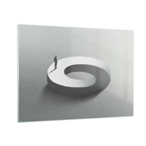 Obraz na szkle - Minimalistyczna sylwetka człowieka na białym pierścieniu - 70x50cm - I bądź tu mądry - Nowoczesna dekoracja ścienna do salonu i sypialni ARTTOR