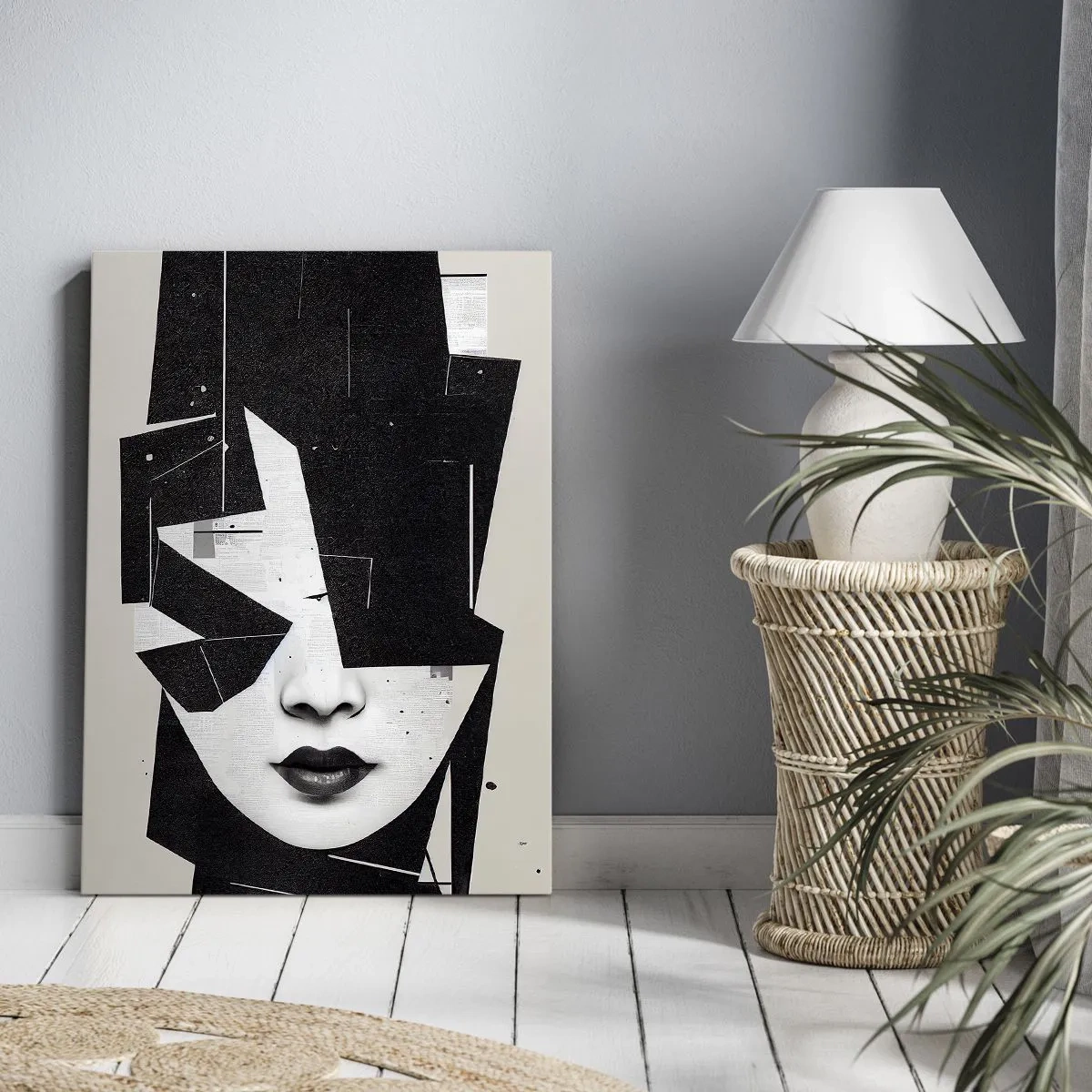 Obraz na płótnie - Abstrakcyjna kompozycja twarzy kobiety w czerni i bieli - 80x120cm - Głęboko ukryte - Nowoczesna dekoracja ścienna do salonu i sypialni ARTTOR