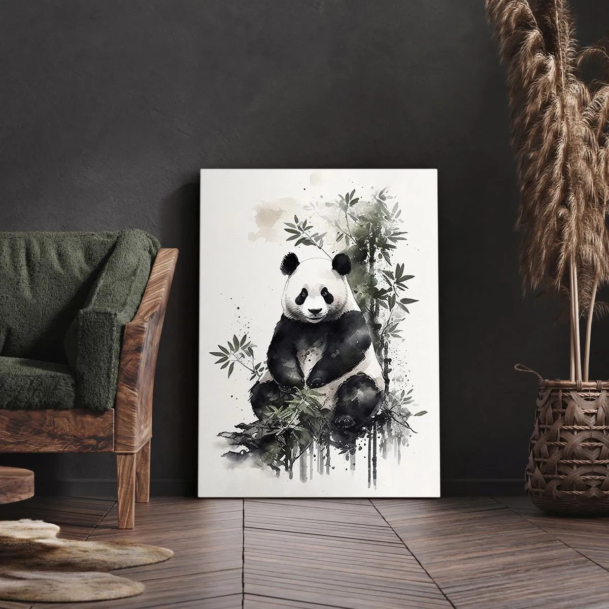 Obraz na płótnie - Urocza panda siedząca wśród bambusowych liści w akwarelowym stylu - 80x120cm - Pozdrowienia z Chin - Nowoczesna dekoracja ścienna do salonu i sypialni ARTTOR