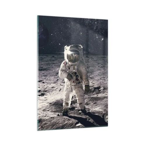 Obraz na szkle - Astronauta na powierzchni Księżyca z Ziemią w tle - 80x120cm - Pozdrowienia z Księżyca - Nowoczesna dekoracja ścienna do salonu i sypialni ARTTOR