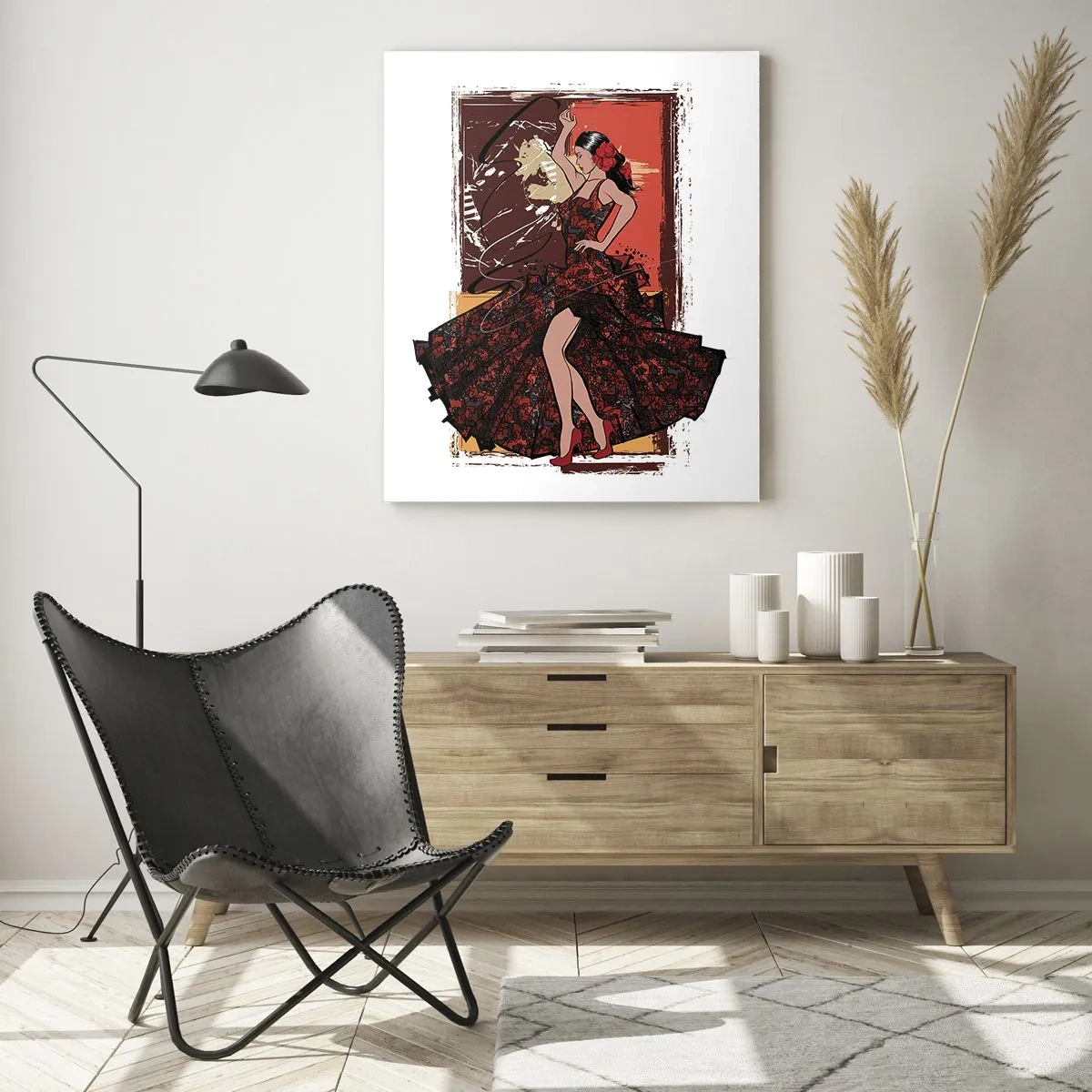 Obraz na szkle - Tancerka flamenco w eleganckiej czerwono-czarnej sukni - 50x70cm - W rytmie serca - Nowoczesna dekoracja ścienna do salonu, kuchni i sypialni ARTTOR