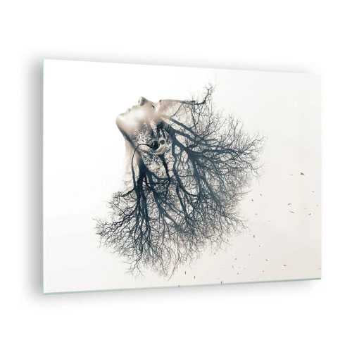 Obraz na szkle - Sylwetka kobiety z gałęziami jako włosy - 70x50cm - Zasłuchana w szept drzewa - Nowoczesna dekoracja ścienna do salonu i sypialni ARTTOR