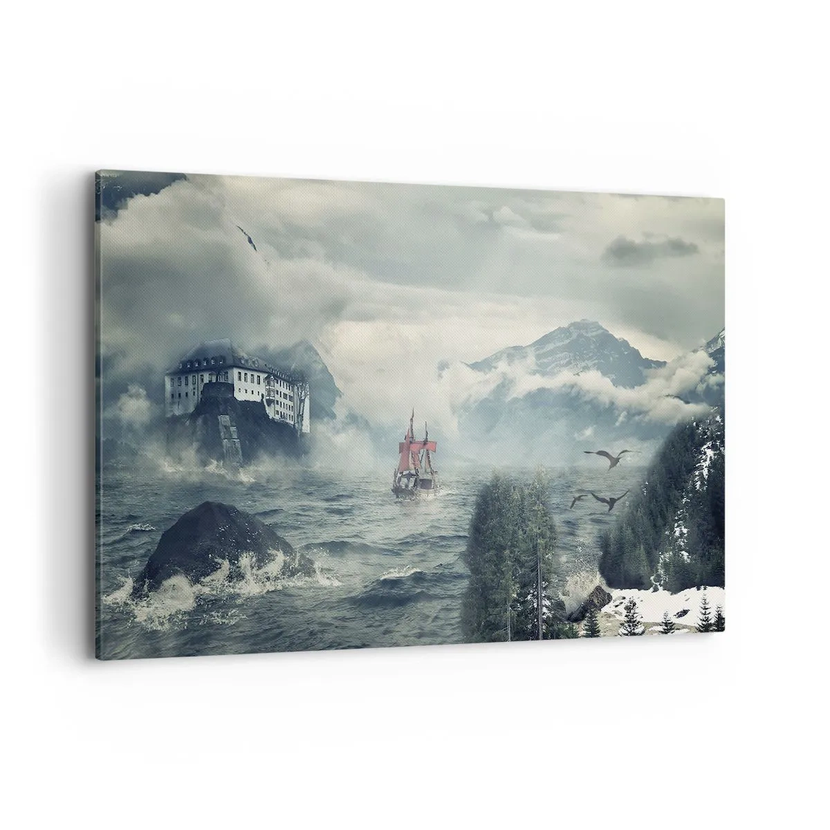 Obraz na płótnie - Tajemniczy krajobraz z zamkiem, górami i statkiem - 120x80cm - Na magicznych wodach - Nowoczesna dekoracja ścienna do salonu, kuchni i sypialni ARTTOR