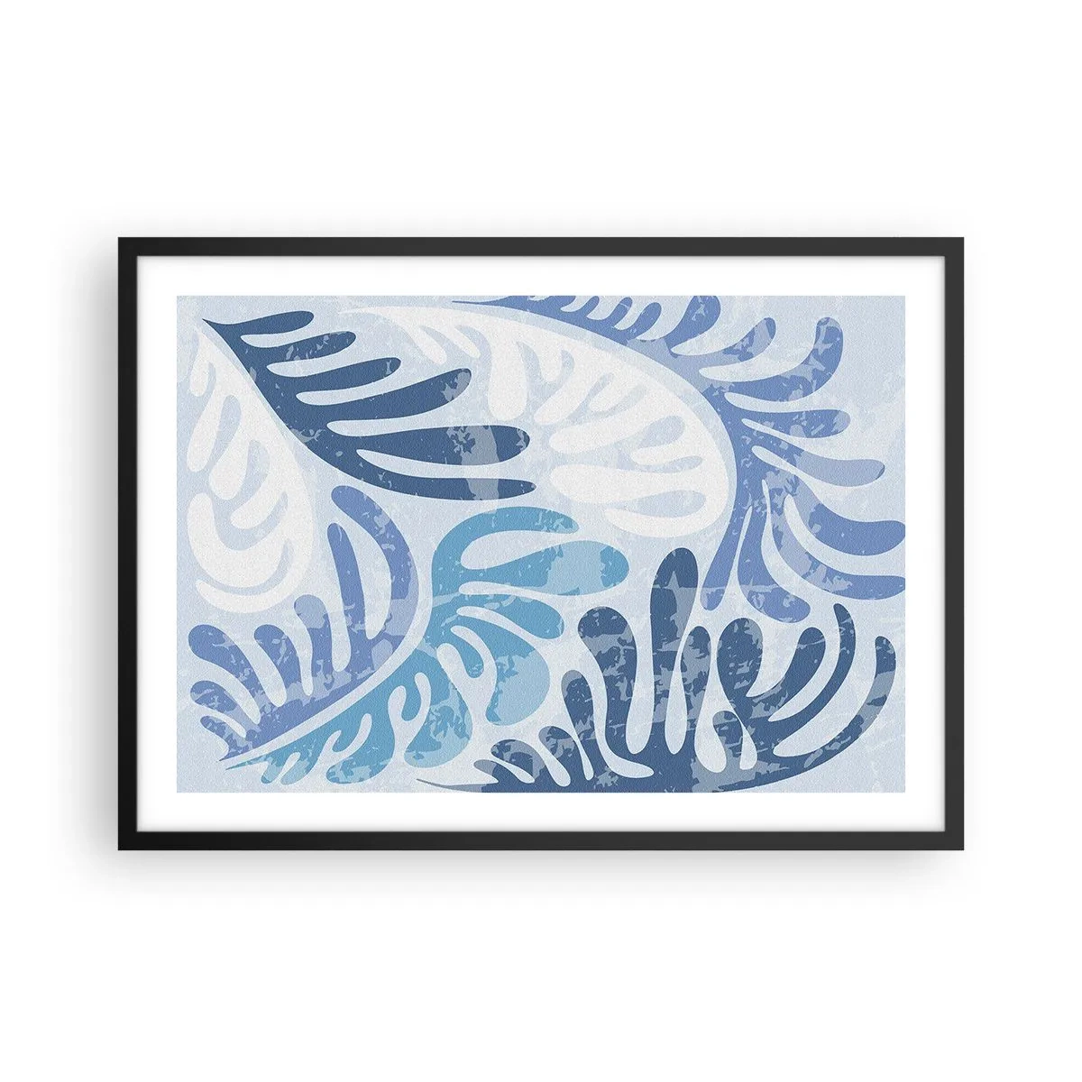 Plakat w czarnej ramie - Abstrakcyjne kształty w odcieniach błękitu na białym tle - 70x50cm - Błękitne paprocie - Nowoczesna dekoracja ścienna do salonu i sypialni ARTTOR