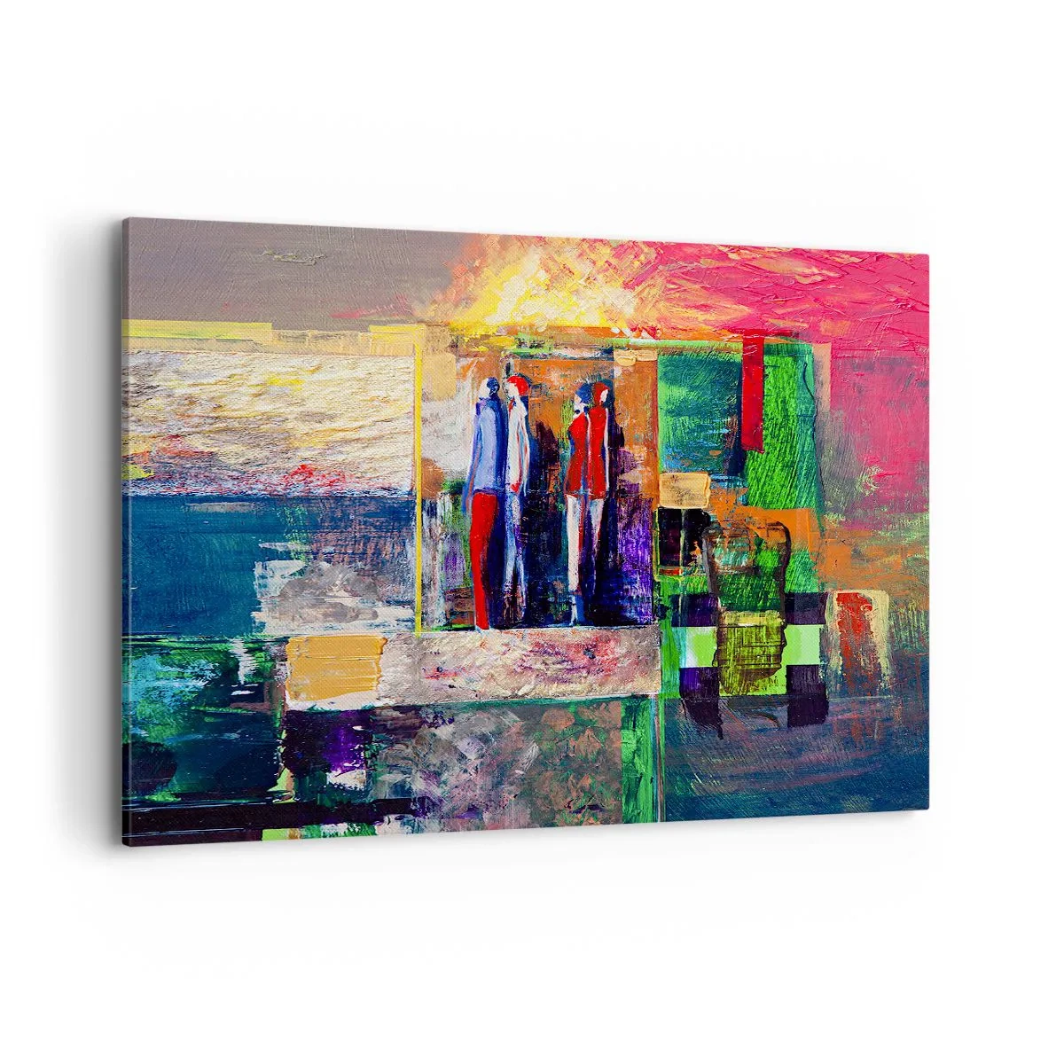 Obraz na płótnie - Abstrakcyjna kompozycja z postaciami i geometrycznymi wzorami - 100x70cm - Relacje i emocje - Nowoczesna dekoracja ścienna do salonu, kuchni i sypialni ARTTOR