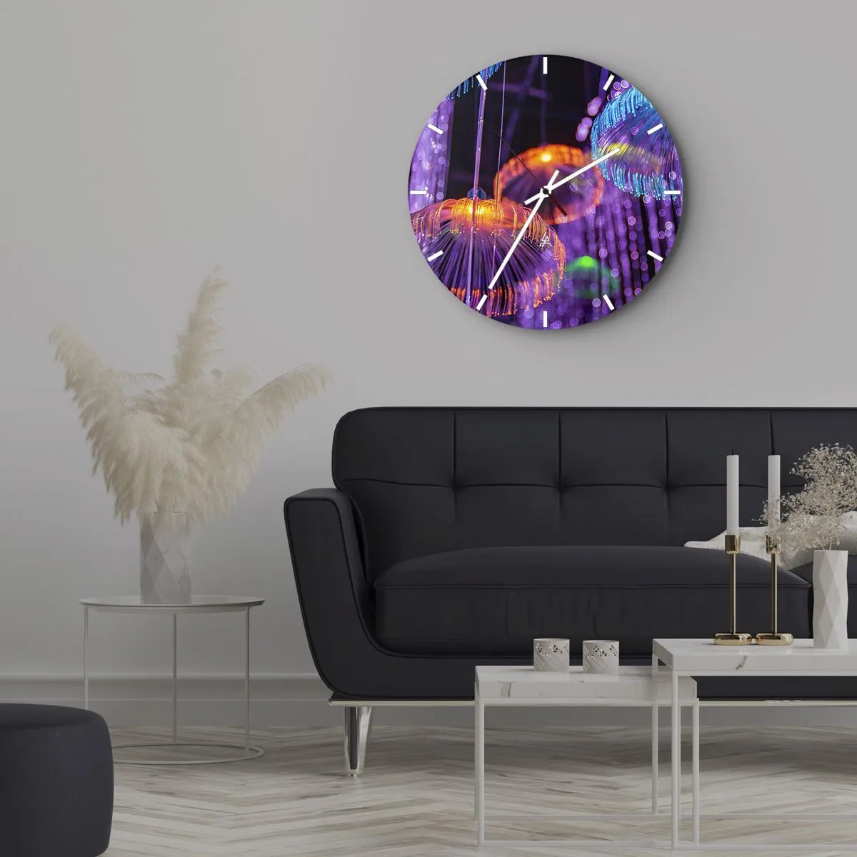 Zegar ścienny - Kolorowe światła przypominające meduzy w neonowym blasku - 30x30cm - Świetlna fontanna - Nowoczesna dekoracja ścienna do salonu, kuchni i sypialni ARTTOR
