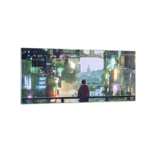 Obraz na szkle - Postać w futurystycznym mieście z neonowymi światłami - 120x50cm - Dwa światy - Nowoczesna dekoracja ścienna do salonu i sypialni ARTTOR