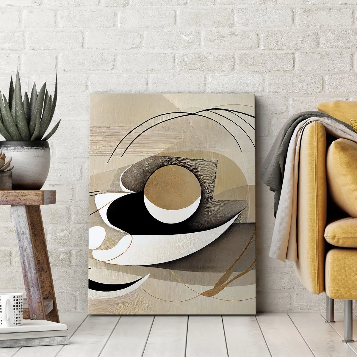 Obraz na płótnie - Minimalistyczna kompozycja abstrakcyjna w odcieniach beżu, czerni i bieli - 50x70cm - Kompozycja: istota rzeczy - Nowoczesna dekoracja ścienna do salonu, kuchni i sypialni ARTTOR