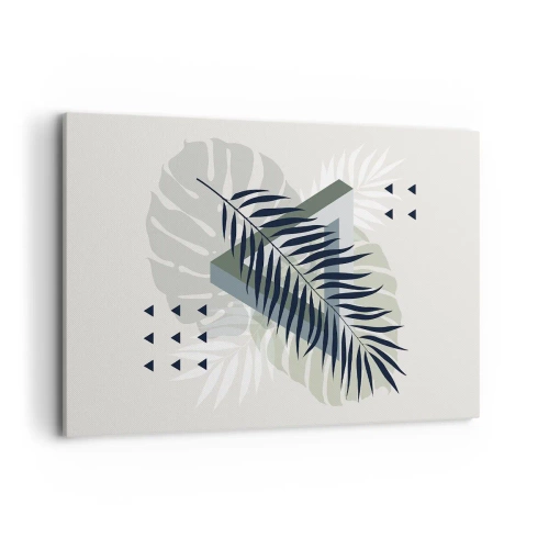 Obraz na płótnie - Geometryczna kompozycja z tropikalnymi liśćmi w odcieniach zieleni - 120x80cm - Natura i geometria – dwa porządki? - Nowoczesna dekoracja ścienna do salonu, kuchni i sypialni ARTTOR