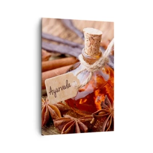 Obraz na płótnie - Butelka olejku z przyprawami na tacy - 70x100cm - Ku jedności ciała i ducha - Nowoczesna dekoracja ścienna do salonu i sypialni ARTTOR