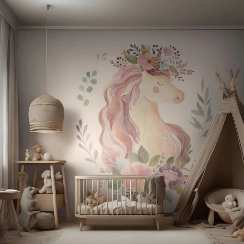 Fototapeta Standard Eco - Pastelowy jednorożec wśród kwiatów i liści - 100x70cm - Zaproszenie do świata baśni - Nowoczesna dekoracja ścienna do salonu i sypialni ARTTOR