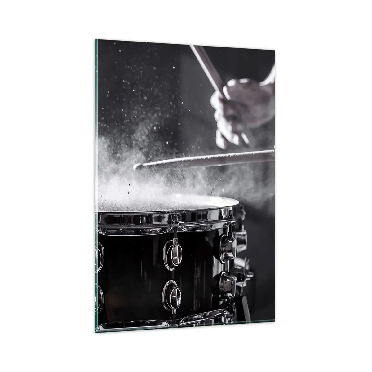 Obraz na szkle - Uderzenie pałeczkami w werbel z efektem pyłu - 80x120cm - Puls muzyki - Nowoczesna dekoracja ścienna do salonu i sypialni ARTTOR