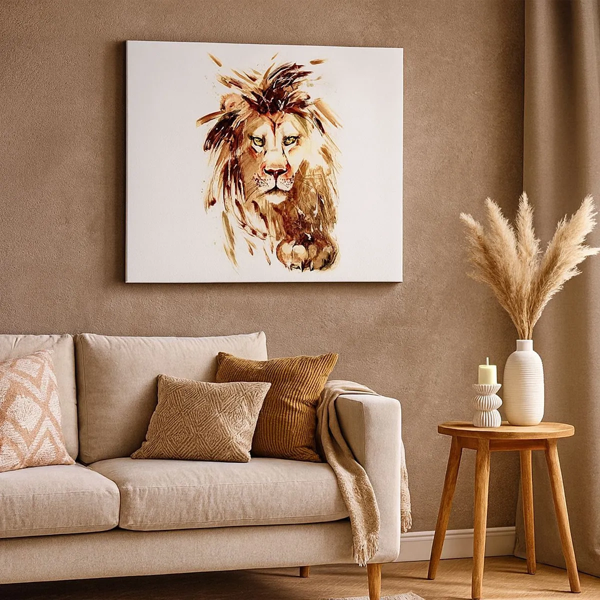 Obraz na płótnie - Portret lwa w stylu akwarelowym z intensywnymi detalami - 70x50cm - Siła i godność - Nowoczesna dekoracja ścienna do salonu i sypialni ARTTOR