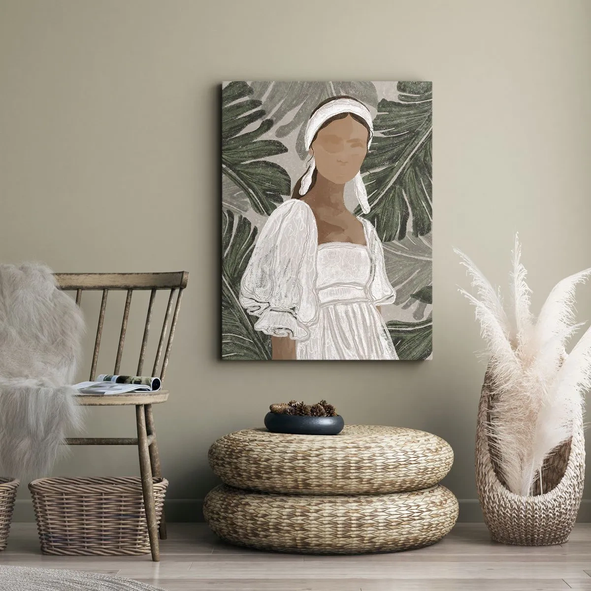 Obraz na płótnie - Minimalistyczny portret kobiety w białej sukni na tle tropikalnych liści - 50x70cm - Portret egzotyczny - Nowoczesna dekoracja ścienna do salonu, kuchni i sypialni ARTTOR