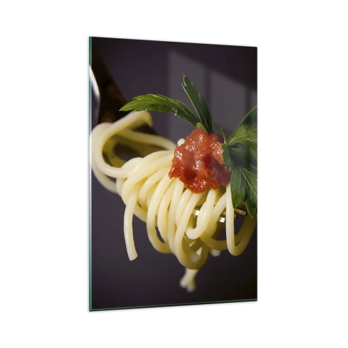 Obraz na szkle - Makaron spaghetti na widelcu z sosem pomidorowym i natką pietruszki - 80x120cm - Smakowity kęs - Nowoczesna dekoracja ścienna do salonu i sypialni ARTTOR