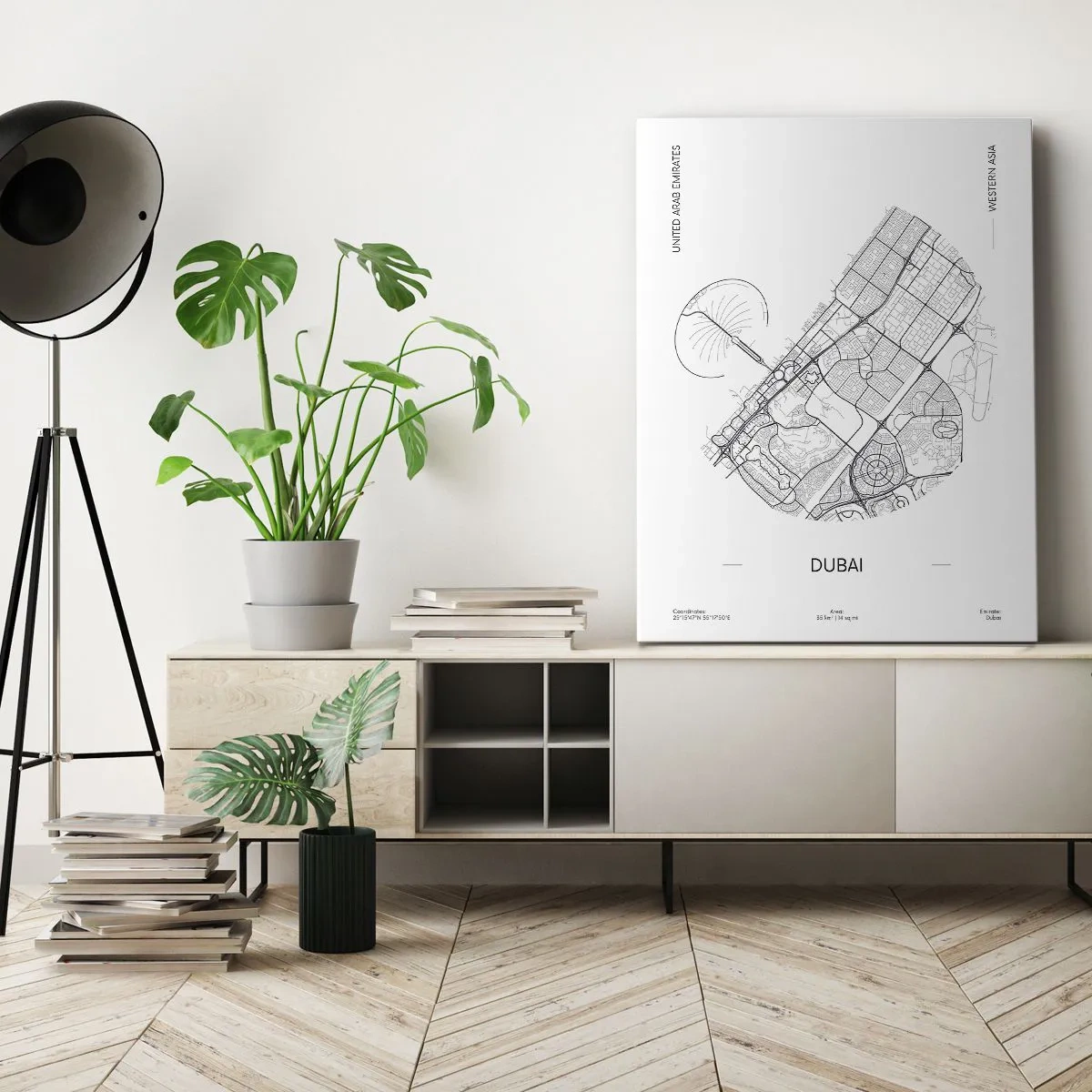 Obraz na płótnie - Minimalistyczna mapa Dubaju w czarno-białej kolorystyce z oznaczeniami lokalizacji - 70x100cm - Anatomia Dubaju - Nowoczesna dekoracja ścienna do salonu i sypialni ARTTOR