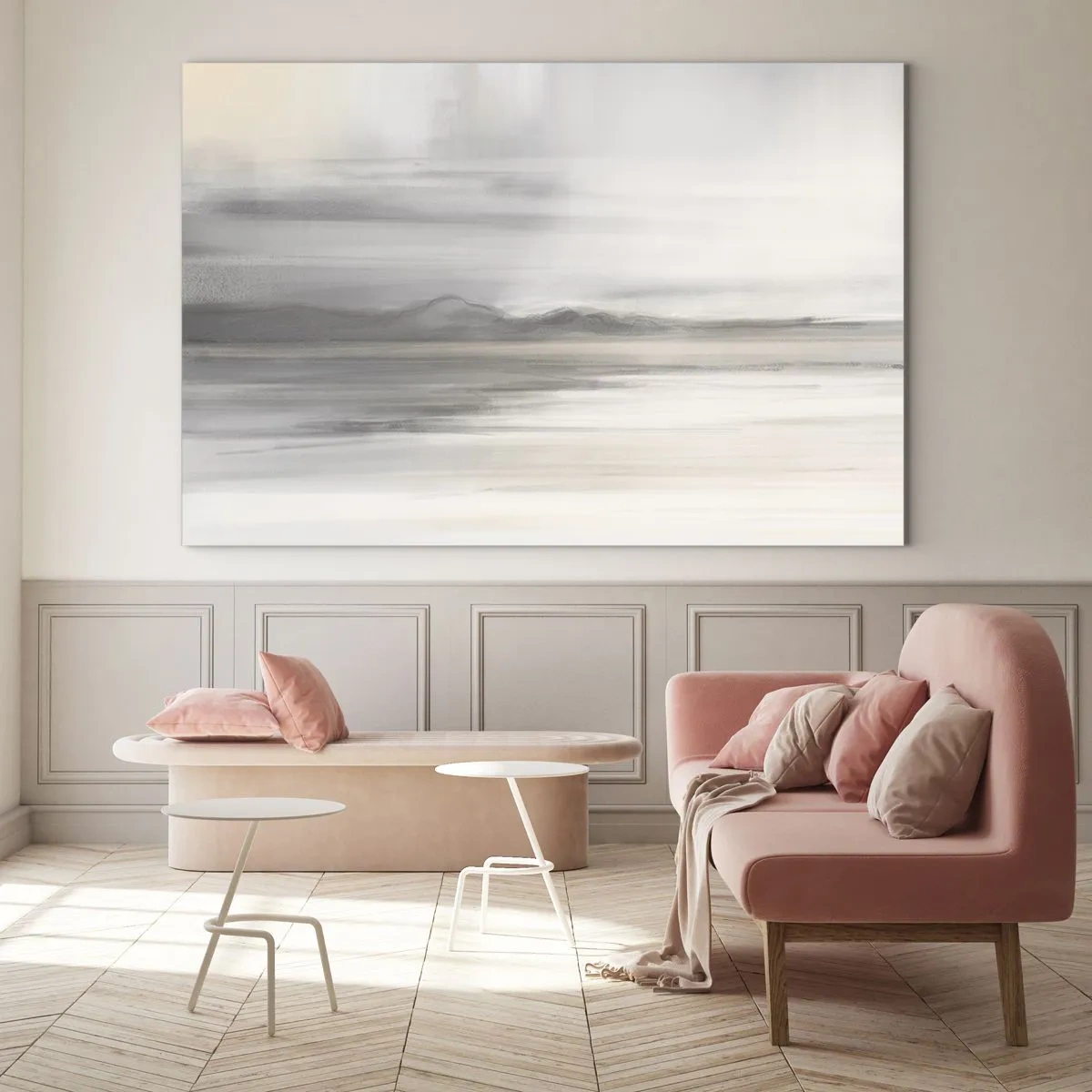 Obraz na szkle - Delikatna, rozmyta panorama górska w pastelowo-szarej tonacji - 70x50cm - Zamyślona dal - Nowoczesna dekoracja ścienna do salonu i sypialni ARTTOR