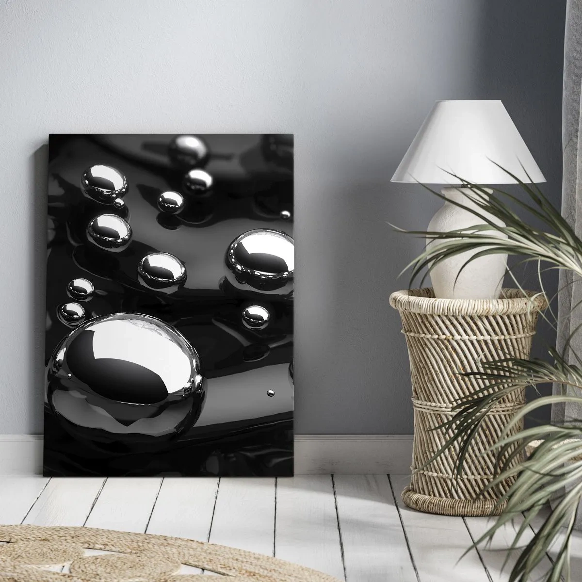 Obraz na płótnie - Abstrakcyjny widok na krople wody na czarnej powierzchni - 50x70cm - Z czarnej toni - Nowoczesna dekoracja ścienna do salonu, kuchni i sypialni ARTTOR