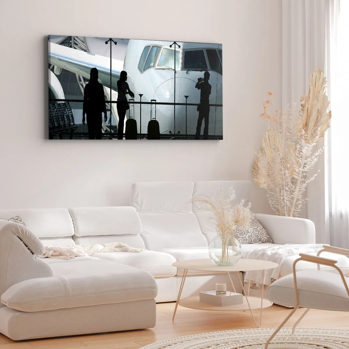 Obraz na płótnie - Lotnisko z sylwetkami ludzi i widokiem na samolot - 160x50cm - Vis a vis na lotnisku - Nowoczesna dekoracja ścienna do salonu i sypialni ARTTOR