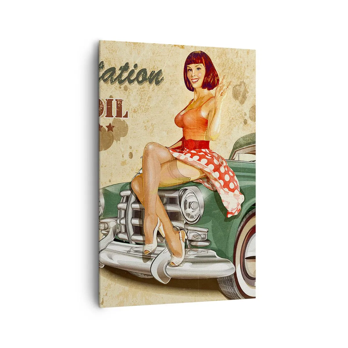 Obraz na płótnie - Plakat retro Route 66 z pin-up dziewczyną i samochodem - 80x120cm - Wspaniałe lata 40. - Nowoczesna dekoracja ścienna do salonu i sypialni ARTTOR