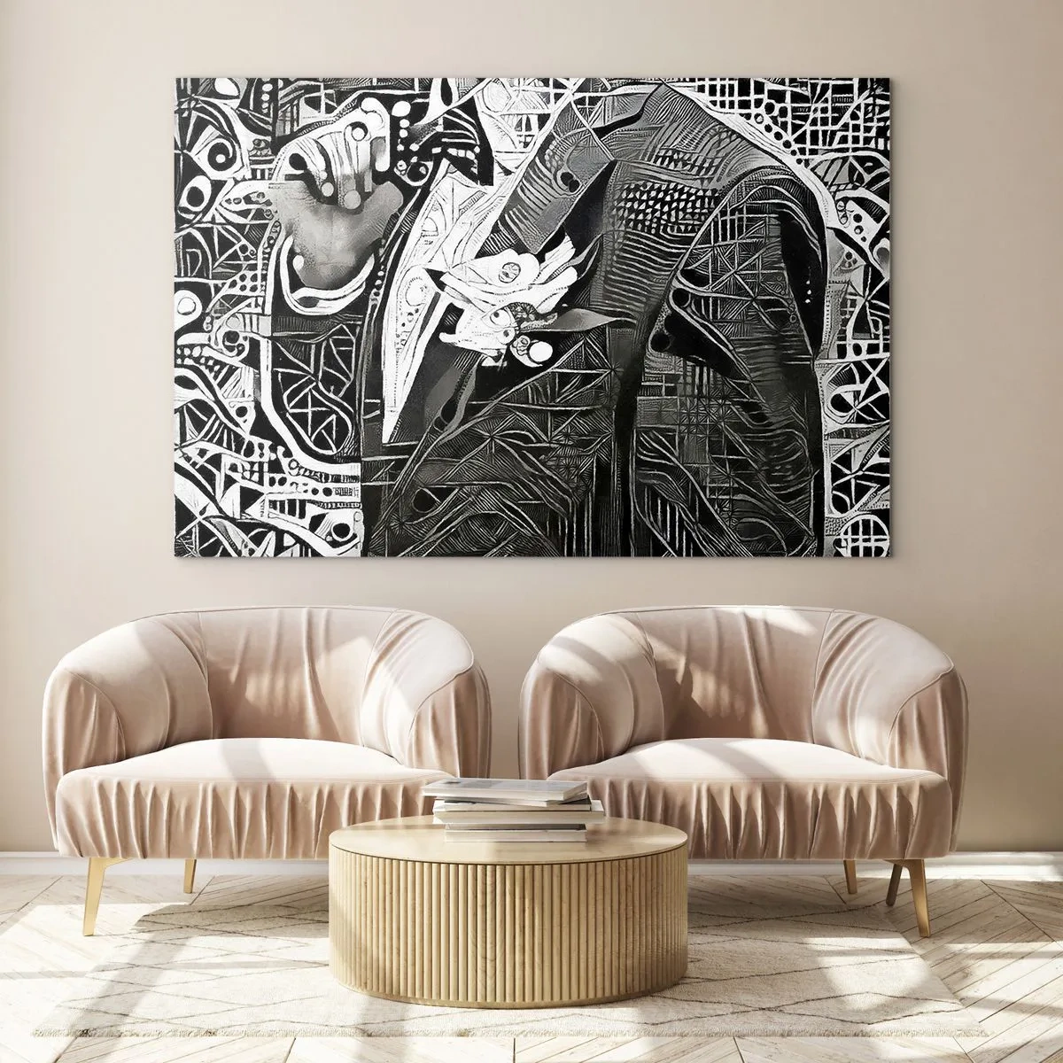Obraz na szkle - Czarno-biała abstrakcja z geometrycznymi wzorami - 70x50cm - Tylko na pozór szary człowiek - Nowoczesna dekoracja ścienna do salonu i sypialni ARTTOR