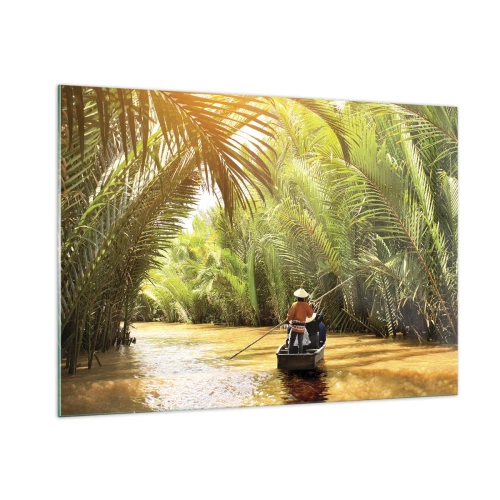 Obraz na szkle - Łódź z wiosłującym mężczyzną płynie przez palmowy wąwóz - 100x70cm - Palmowym wąwozem - Nowoczesna dekoracja ścienna do salonu, kuchni i sypialni ARTTOR