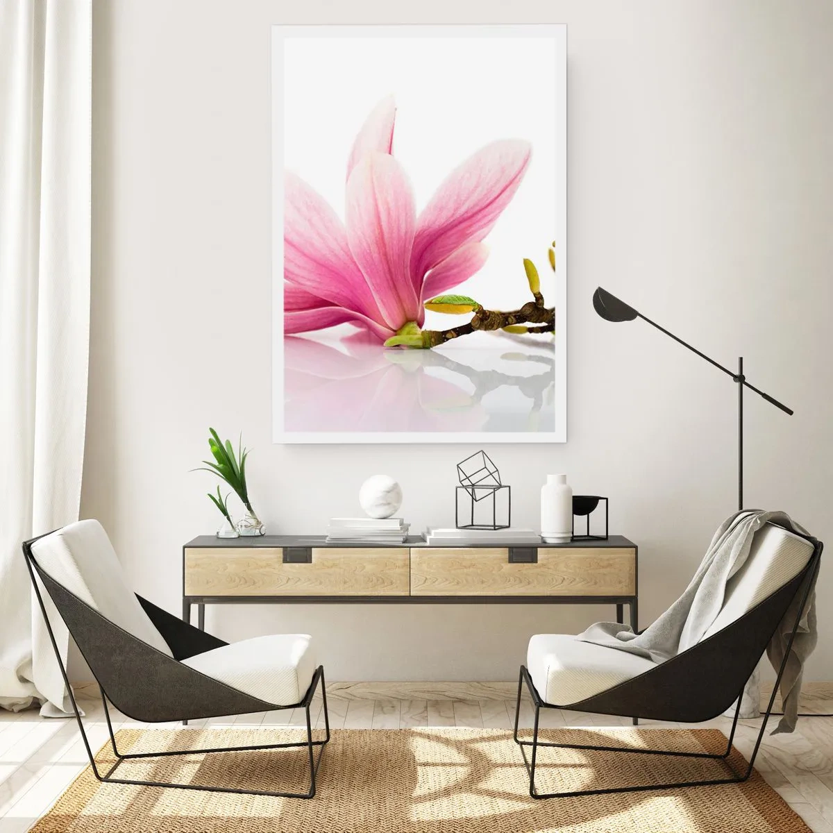 Plakat - Różowy kwiat magnolii na gałęzi z białym tłem - 50x70cm - Delikatne jak powiew wiosny - Nowoczesna dekoracja ścienna do salonu, kuchni i sypialni ARTTOR