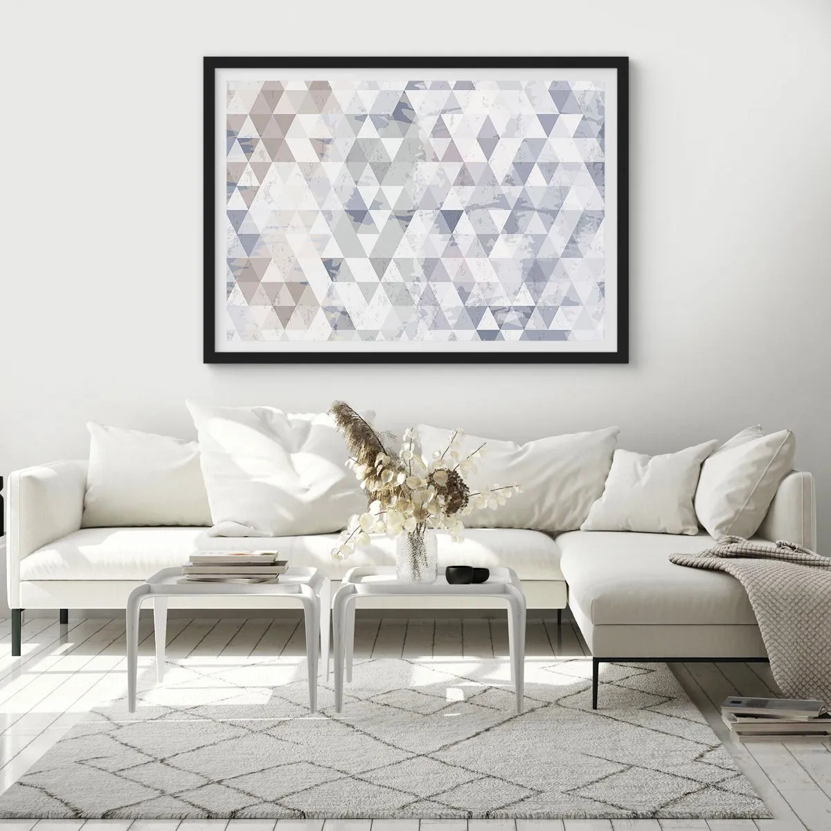 Plakat w czarnej ramie - Geometryczny wzór z trójkątów w pastelowych odcieniach - 70x50cm - W rytmie na trzy - Nowoczesna dekoracja ścienna do salonu i sypialni ARTTOR