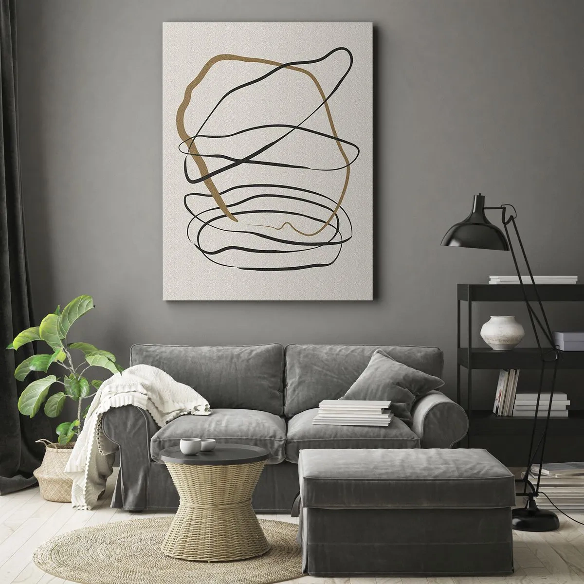Obraz na płótnie - Minimalistyczna abstrakcja z dynamicznymi liniami w czerni i brązie - 50x70cm - Kompozycja – taniec opętaniec - Nowoczesna dekoracja ścienna do salonu, kuchni i sypialni ARTTOR