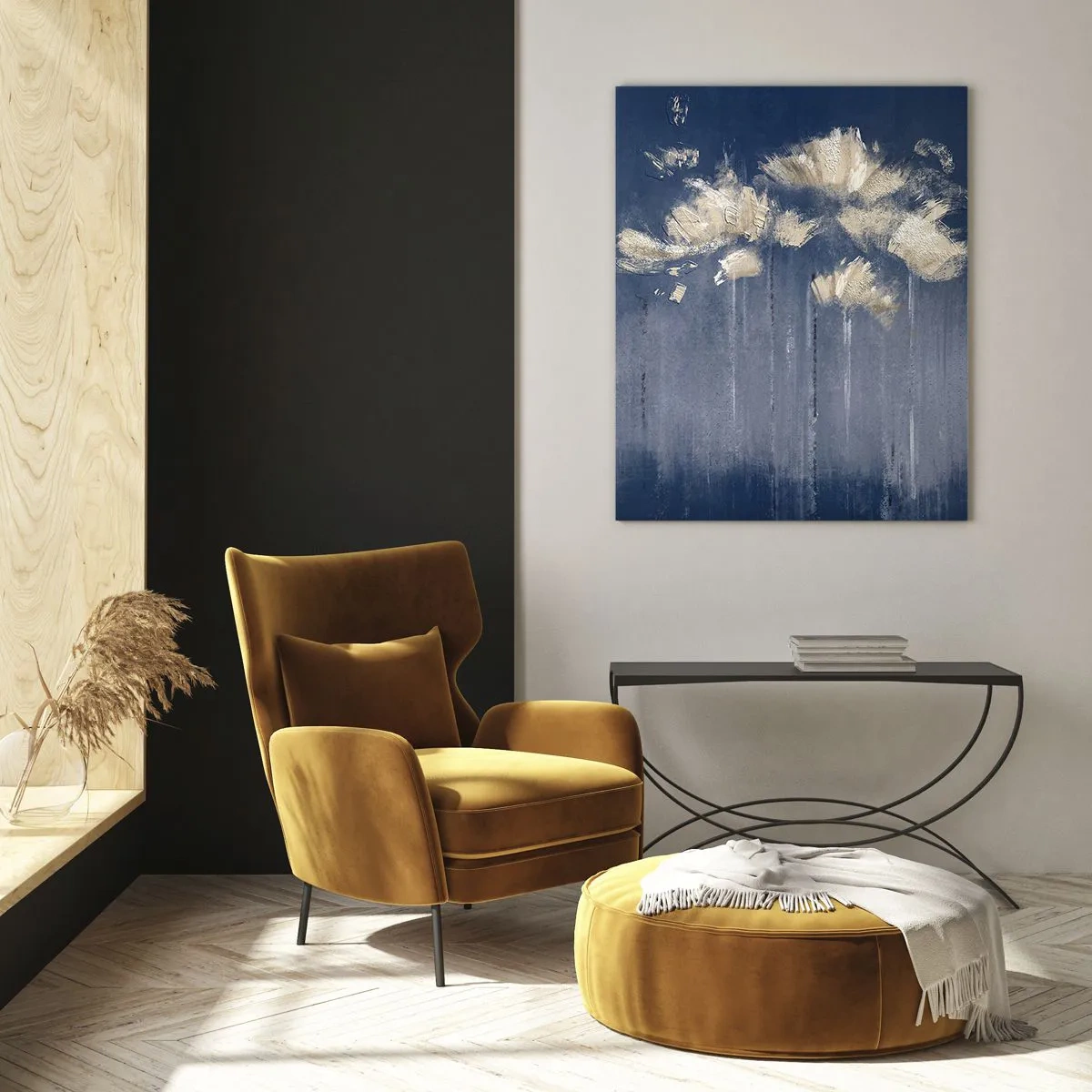 Obraz na szkle - Delikatne kwiaty na niebieskim tle - 70x100cm - Jak płatki na wietrze - Nowoczesna dekoracja ścienna do salonu i sypialni ARTTOR