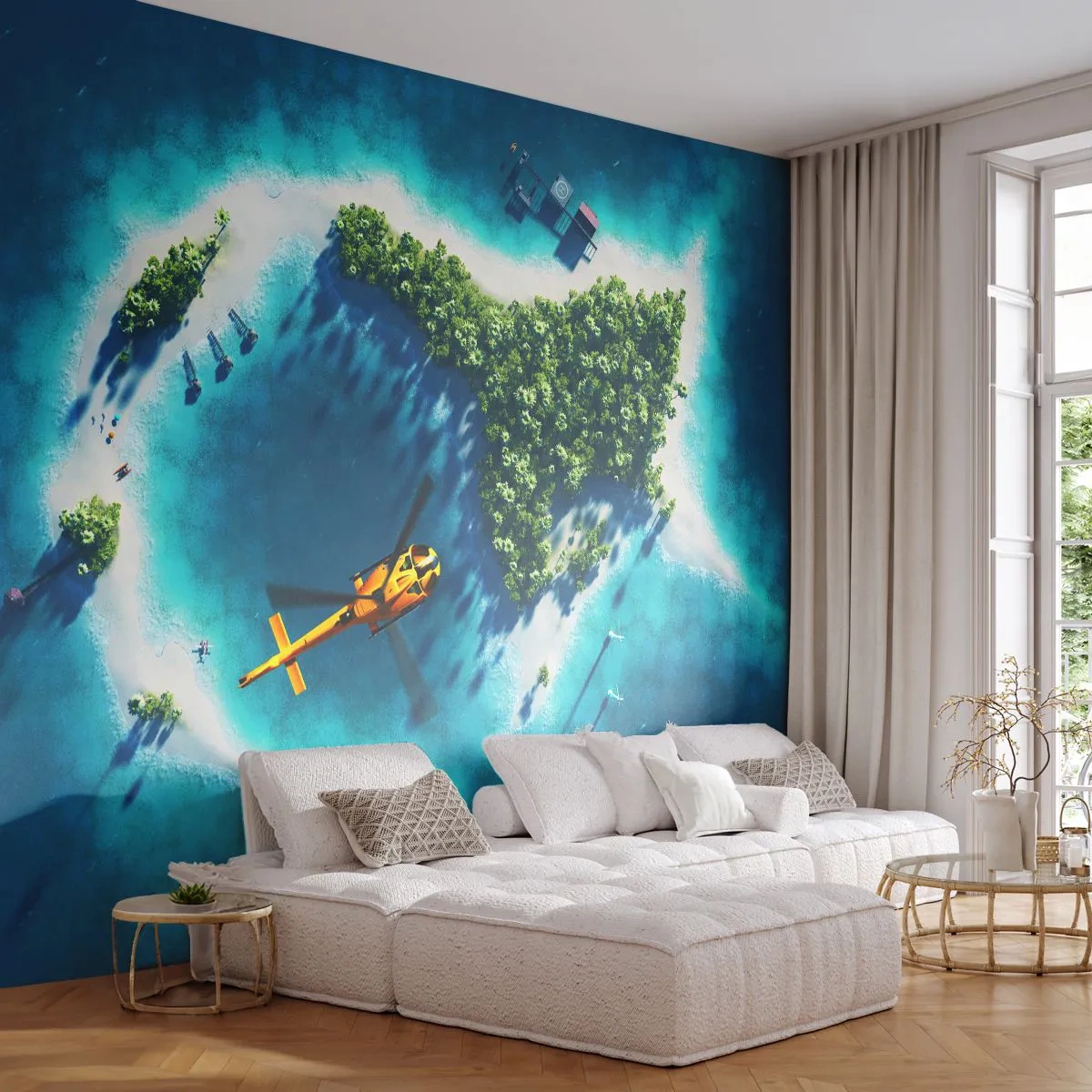 Fototapeta Premium Sand - Tropikalna wyspa w kształcie ryby z helikopterem i jachtem - 100x70cm - Kup sobie wyspę - Nowoczesna dekoracja ścienna do salonu, kuchni i sypialni ARTTOR