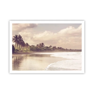Plakat - Plaża z palmami i delikatnymi falami o poranku - 100x70cm - Pieszczota fal - Nowoczesna dekoracja ścienna do salonu i sypialni ARTTOR