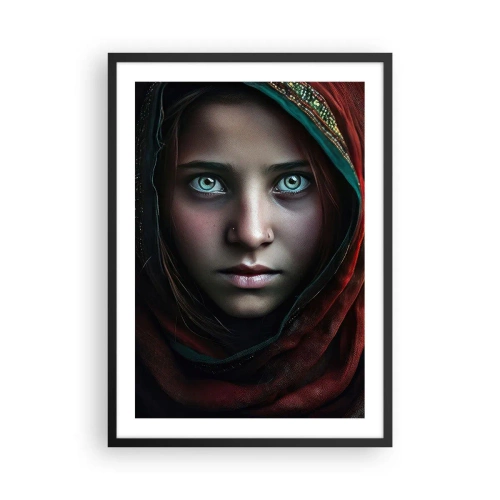 Plakat w czarnej ramie - Portret dziewczyny w czerwonym szalu o hipnotyzujących oczach - 50x70cm - Wschodnia księżniczka - Nowoczesna dekoracja ścienna do salonu i sypialni ARTTOR