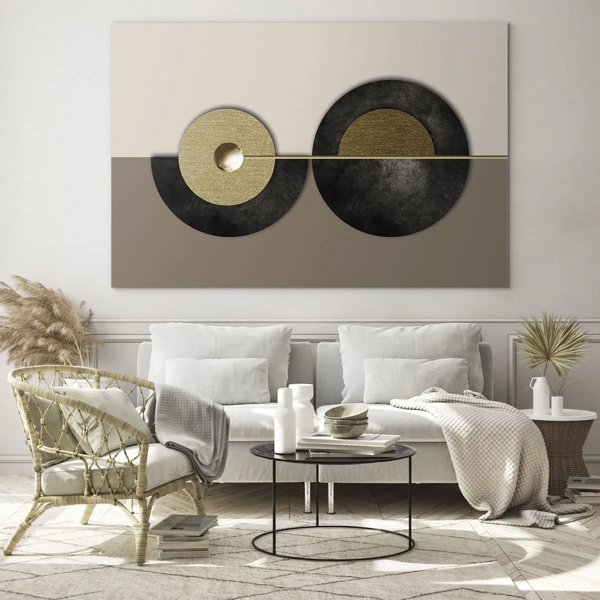 Obraz na szkle - Geometryczne koła w złocie i czerni na beżowym tle - 120x80cm - Wariacje wokół koła - Nowoczesna dekoracja ścienna do salonu, kuchni i sypialni ARTTOR