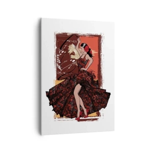 Obraz na płótnie - Stylizowana ilustracja tancerki flamenco w ozdobnej sukni na abstrakcyjnym tle - 50x70cm - W rytmie serca - Nowoczesna dekoracja ścienna do salonu, kuchni i sypialni ARTTOR