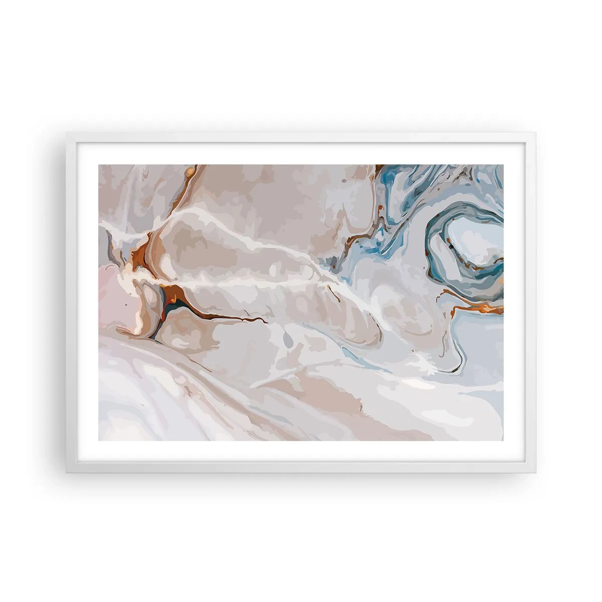 Plakat w białej ramie - Błękitne meandry pod bielą - 70x50 cm