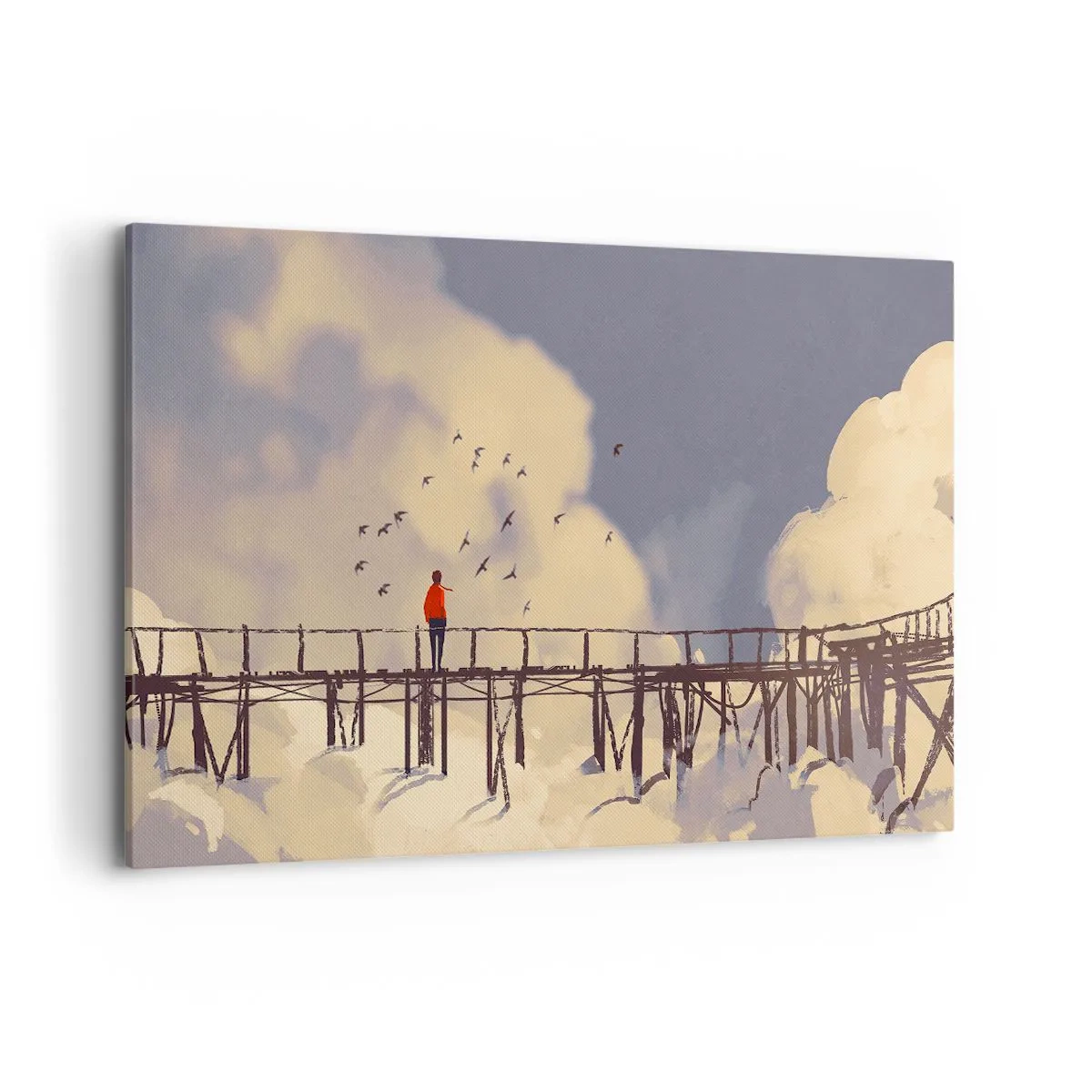 Obraz na płótnie - Postać na moście wśród chmur z ptakami na tle nieba - 120x80cm - Niebieska tęsknota - Nowoczesna dekoracja ścienna do salonu, kuchni i sypialni ARTTOR