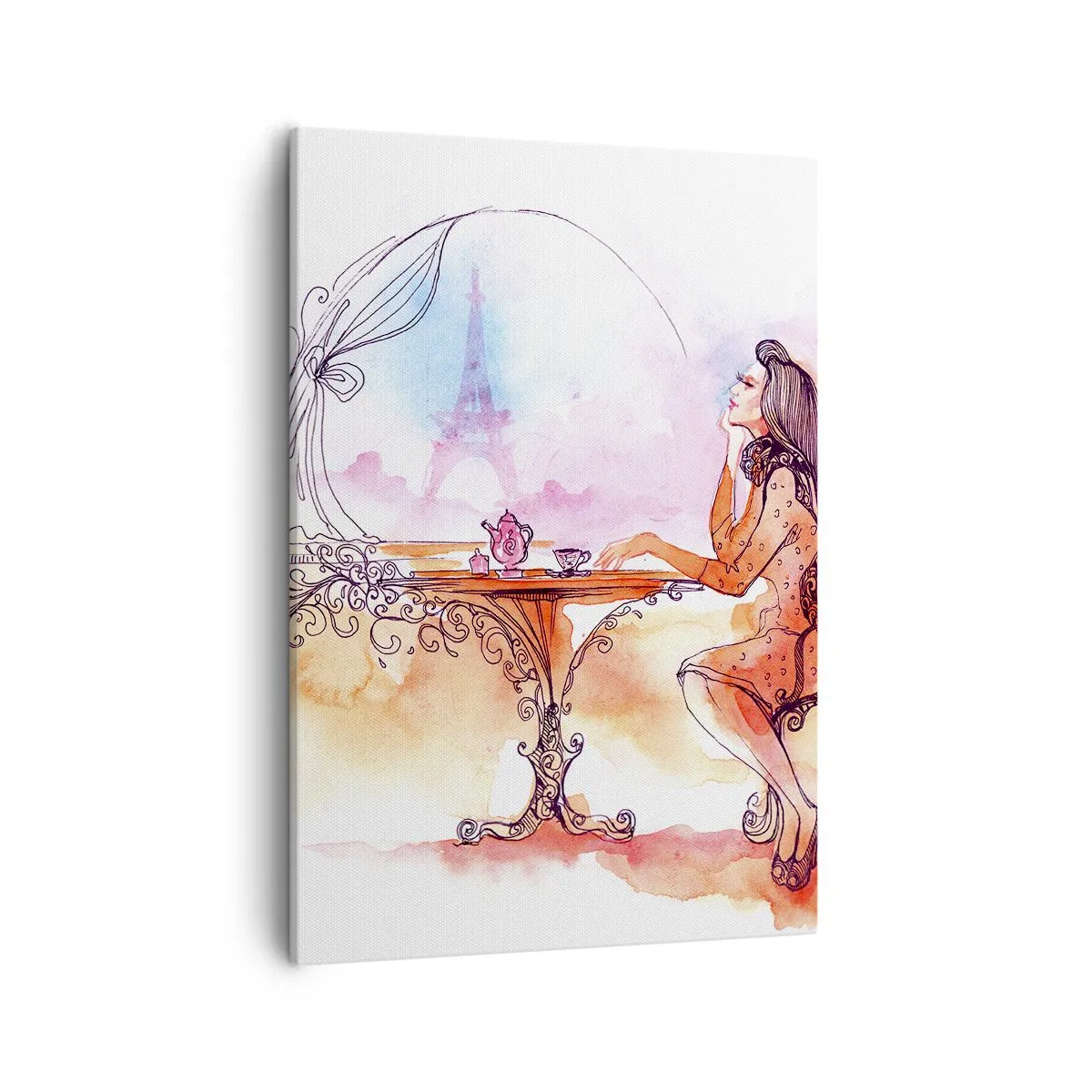 Obraz na płótnie - Kobieta przy stole w paryskiej scenerii z filiżanką herbaty - 50x70cm - Paryski szyk - Nowoczesna dekoracja ścienna do salonu, kuchni i sypialni ARTTOR
