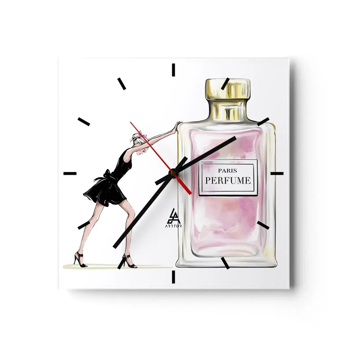 Zegar ścienny - Kobieta w czarnej sukience przy flakonie perfum - 30x30cm - Esencja kobiecości - Nowoczesna dekoracja ścienna do salonu i sypialni ARTTOR
