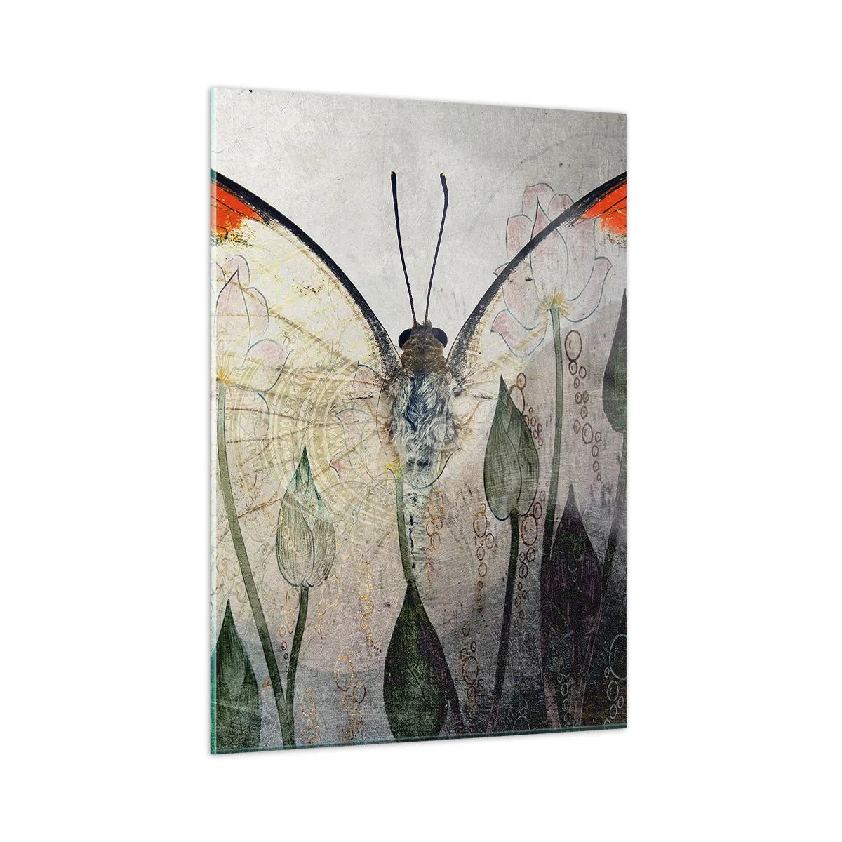 Obraz na szkle - Artystyczny motyl w otoczeniu delikatnych kwiatów na szarym tle - 50x70cm - "Kędy się motyl kołysa na trawie" - Nowoczesna dekoracja ścienna do salonu, kuchni i sypialni ARTTOR